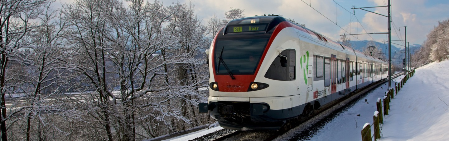 Zug fährt durch Winterlandschaft